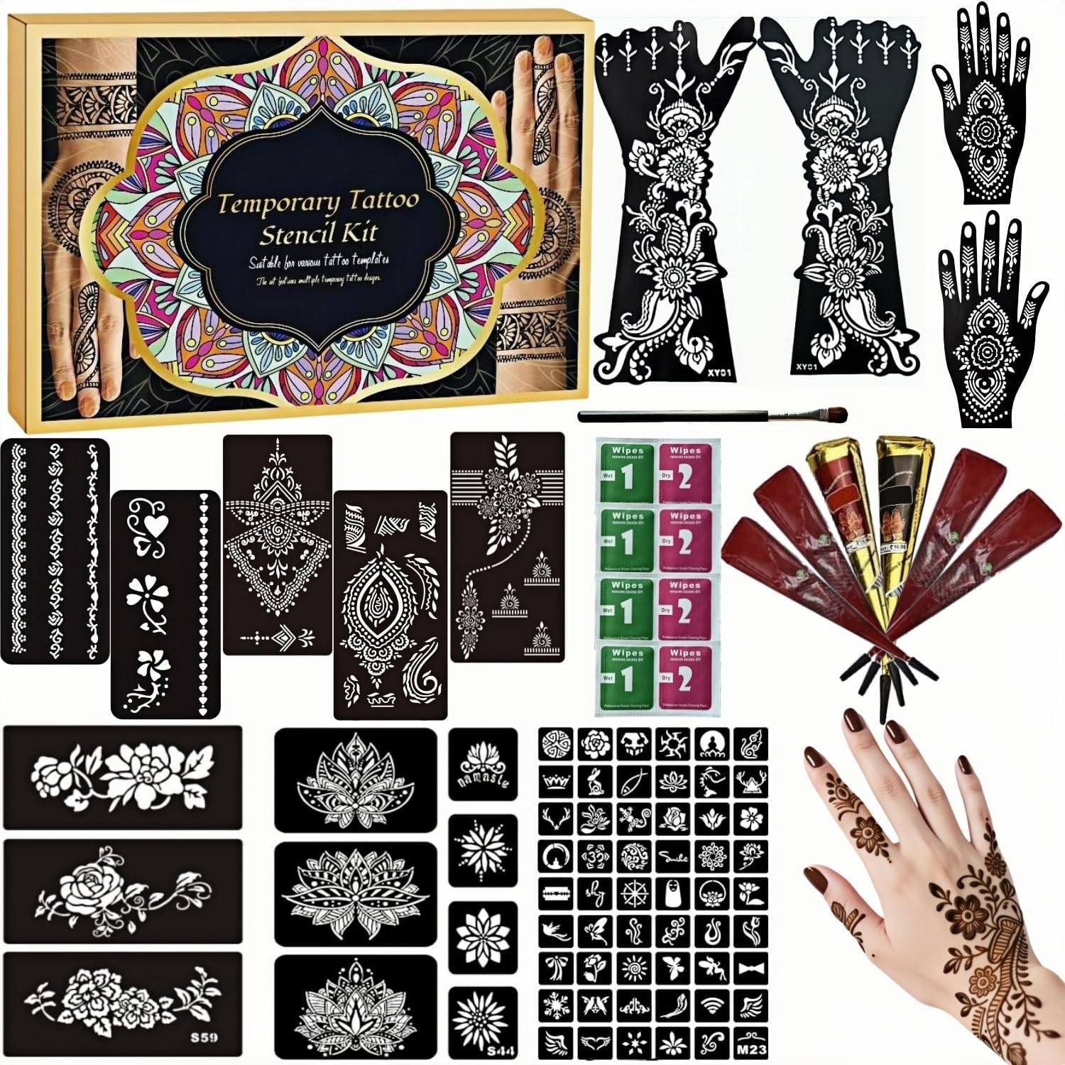 ManYan HaiYan tattoo kit with 12 large stencils for versatile DIY body art