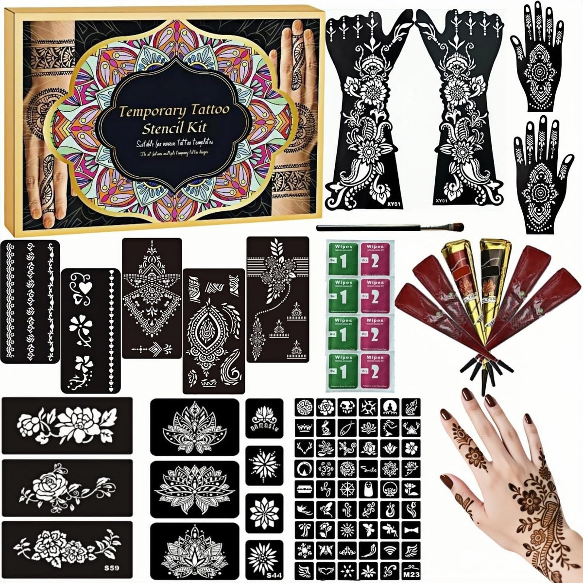 ManYan HaiYan tattoo kit with 12 large stencils for versatile DIY body art