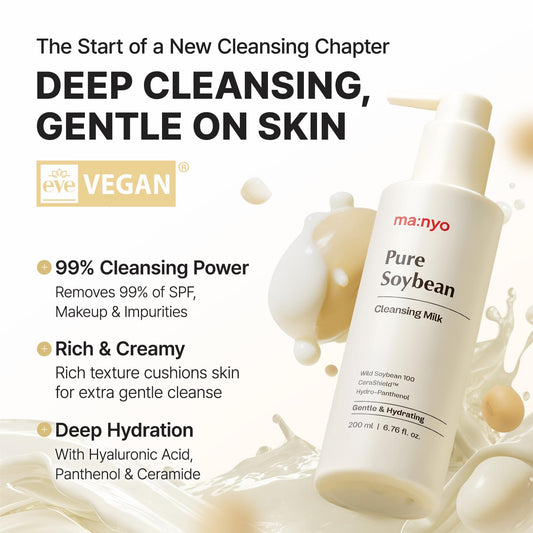 Manyo Pure Soybean Cleansing Milk bottle close-up emphasizing creamy texture for soothing cleanse.
