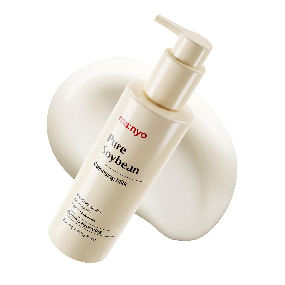 Manyo Pure Soybean Cleansing Milk bottle packaging showcases vegan formula for gentle cleansing.