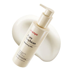 Manyo Pure Soybean Cleansing Milk bottle packaging showcases vegan formula for gentle cleansing.
