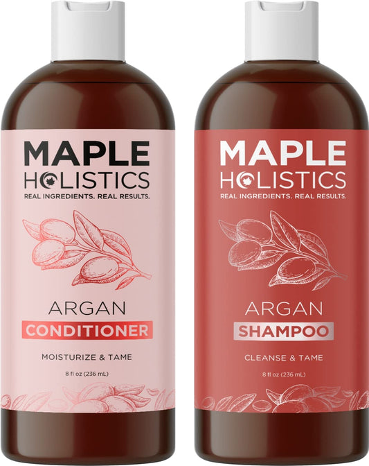 Maple Holistics Argan Oil Morocco Shampoo bottle nourishes and adds shine for color-treated hair