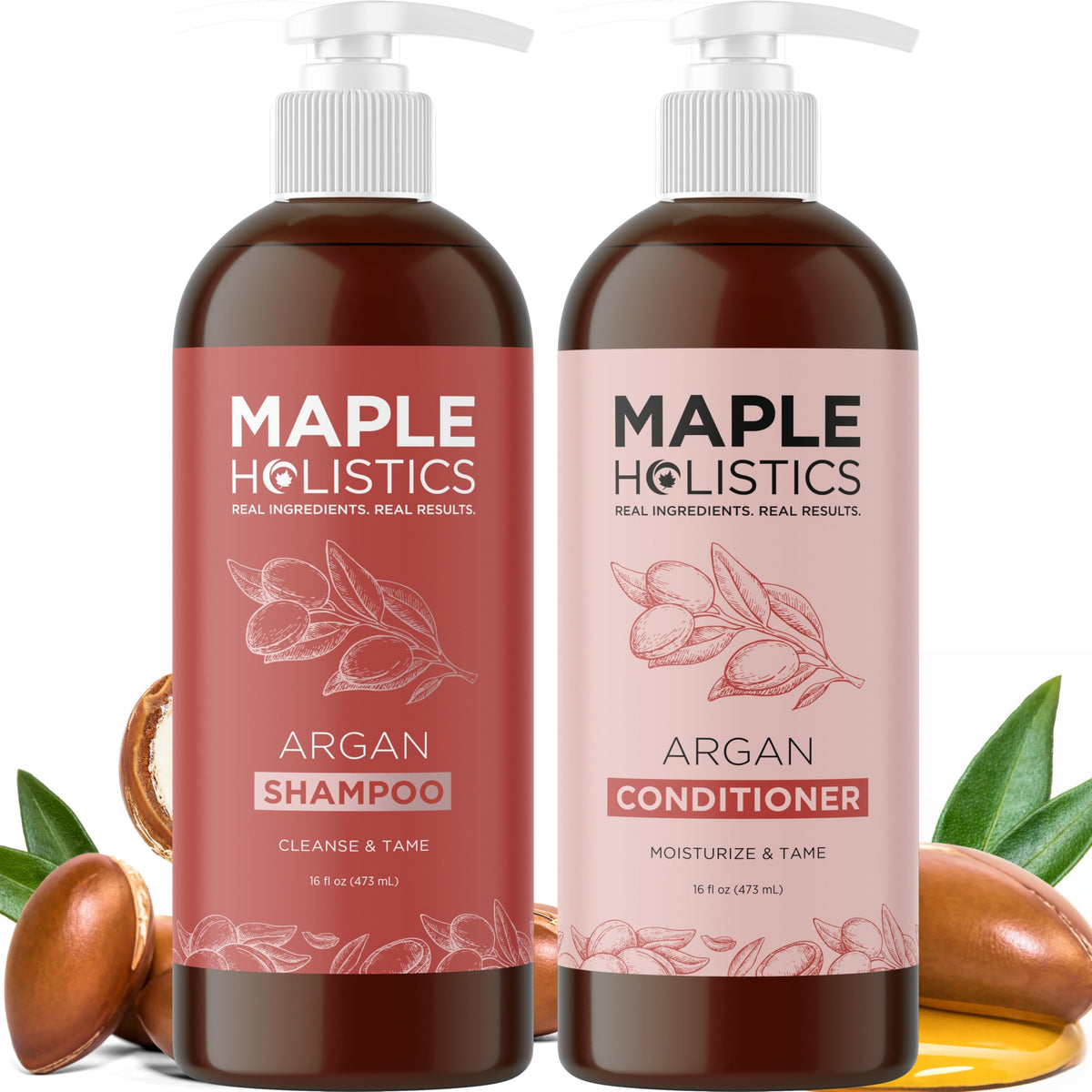 Maple Holistics argan oil shampoo bottle highlighting shine and moisture