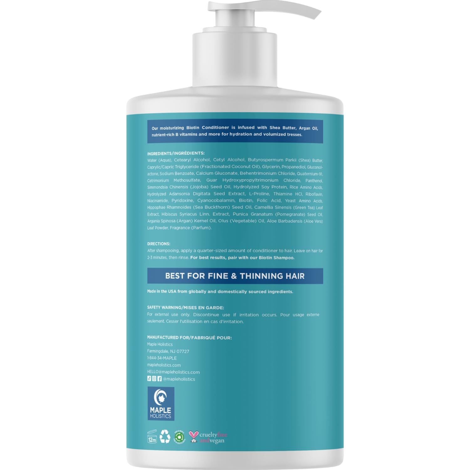 Maple Holistics Biotin Conditioner back-label close-up on sulfate-free formula