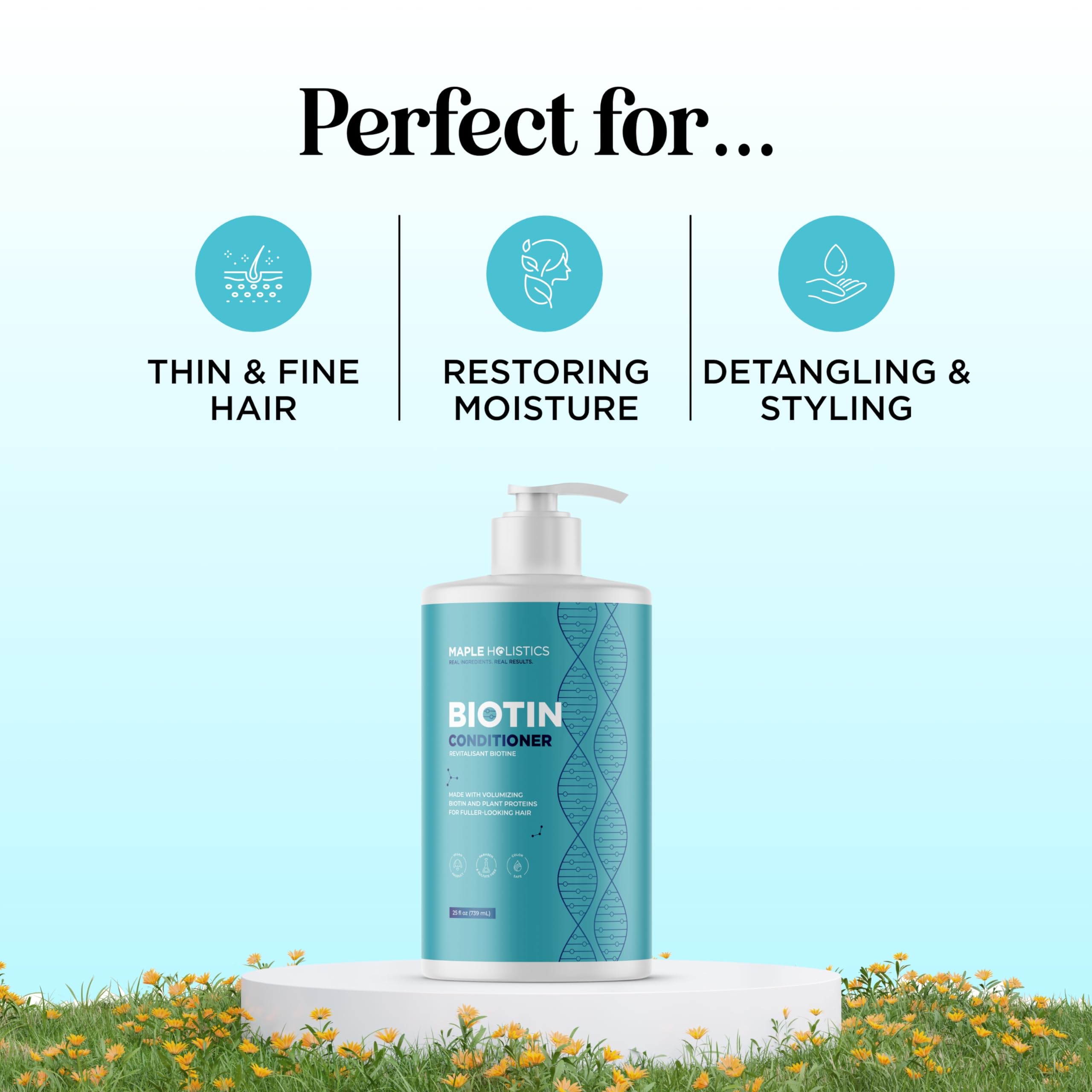 Maple Holistics Biotin Conditioner pump close-up for easy, gentle application