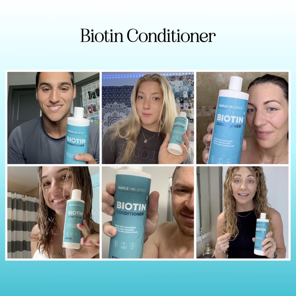 Maple Holistics Biotin Conditioner closeup-hair-strands suggests detangling and voluminous results.