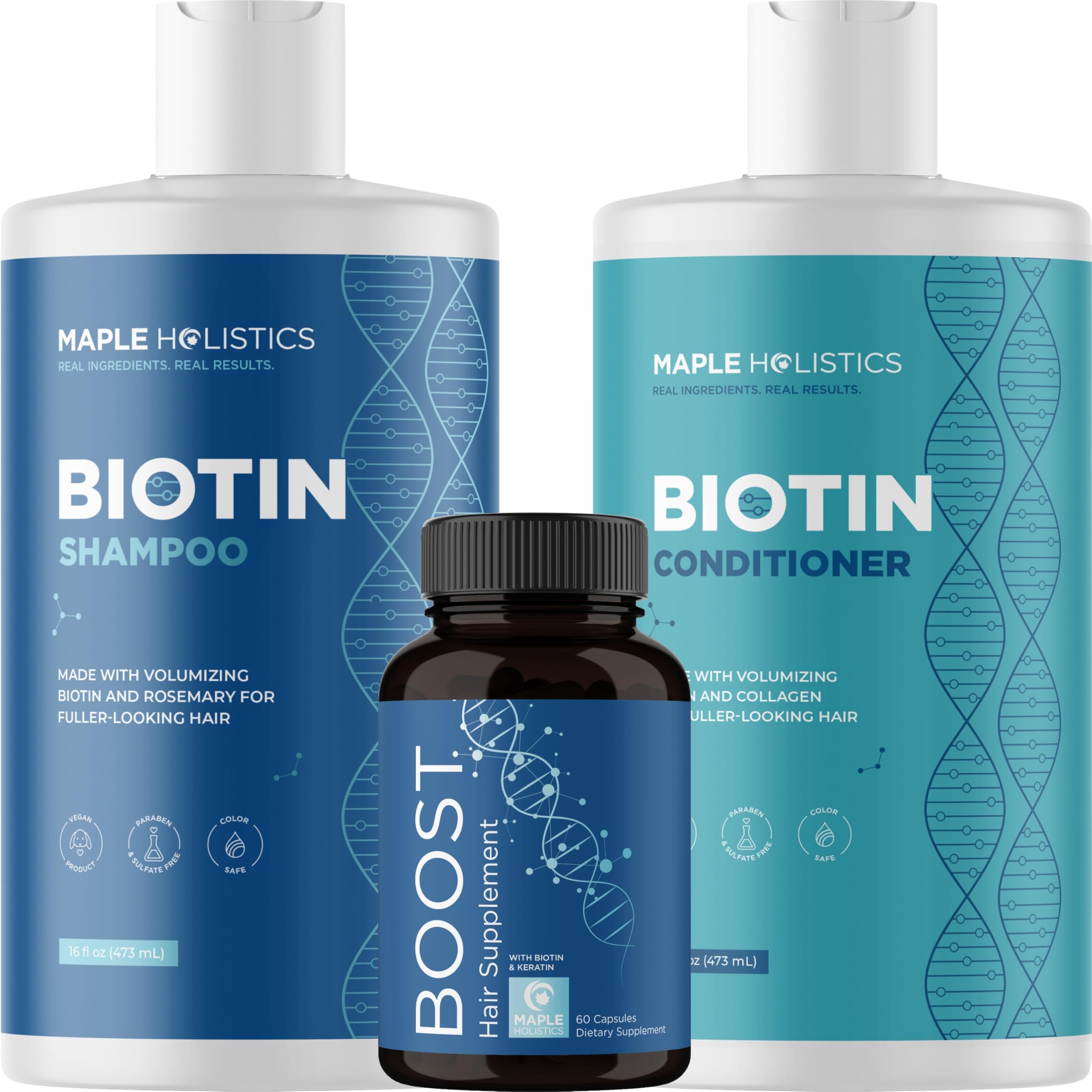 Maple Holistics Biotin Shampoo bottle with sulfate-free formula for daily hair care and thinning hair support.