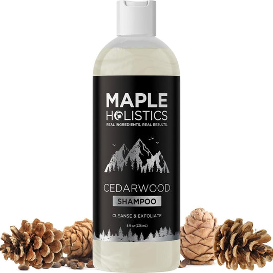 Maple Holistics Cleansing Shampoo bottle showcases cedarwood scent, designed for dry scalp care and hydration.