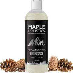 Maple Holistics Cleansing Shampoo bottle showcases cedarwood scent, designed for dry scalp care and hydration.