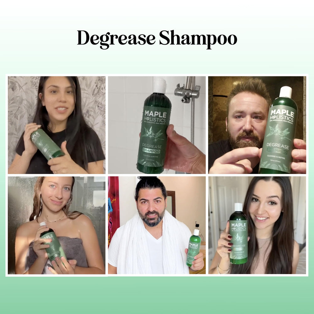 Maple Holistics Degrease Shampoo label closeup shows vegan, sulfate-free cleansing.