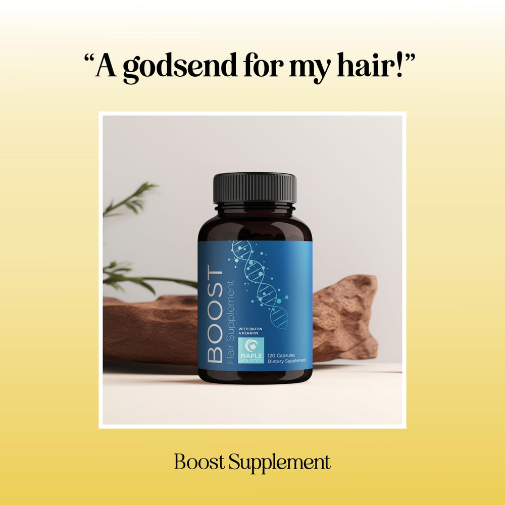 Maple Holistics DHT-blocker formula bottle hints at fuller-looking hair