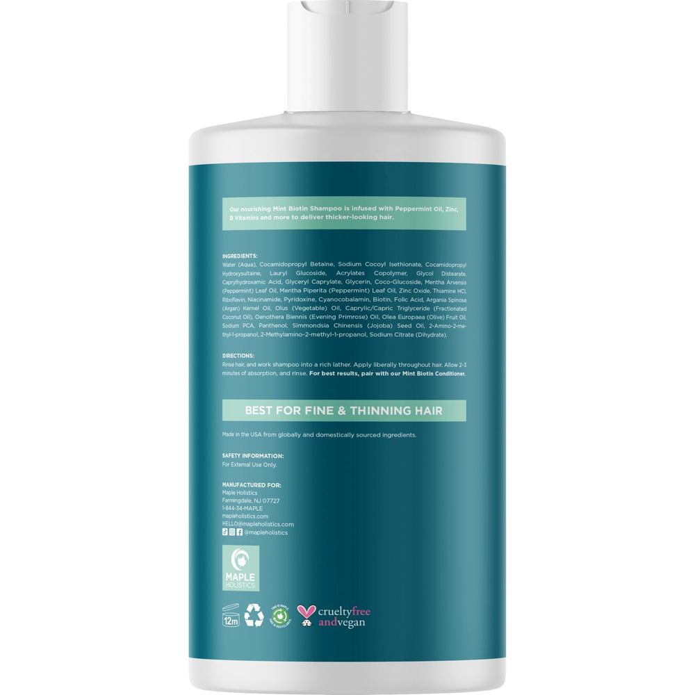 Coconut oil and biotin blend in Maple Holistics shampoo for dry scalp comfort.