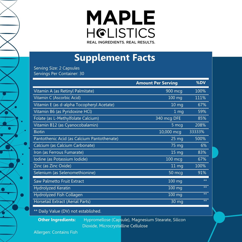Maple Holistics fish collagen label promotes hair strength and shine