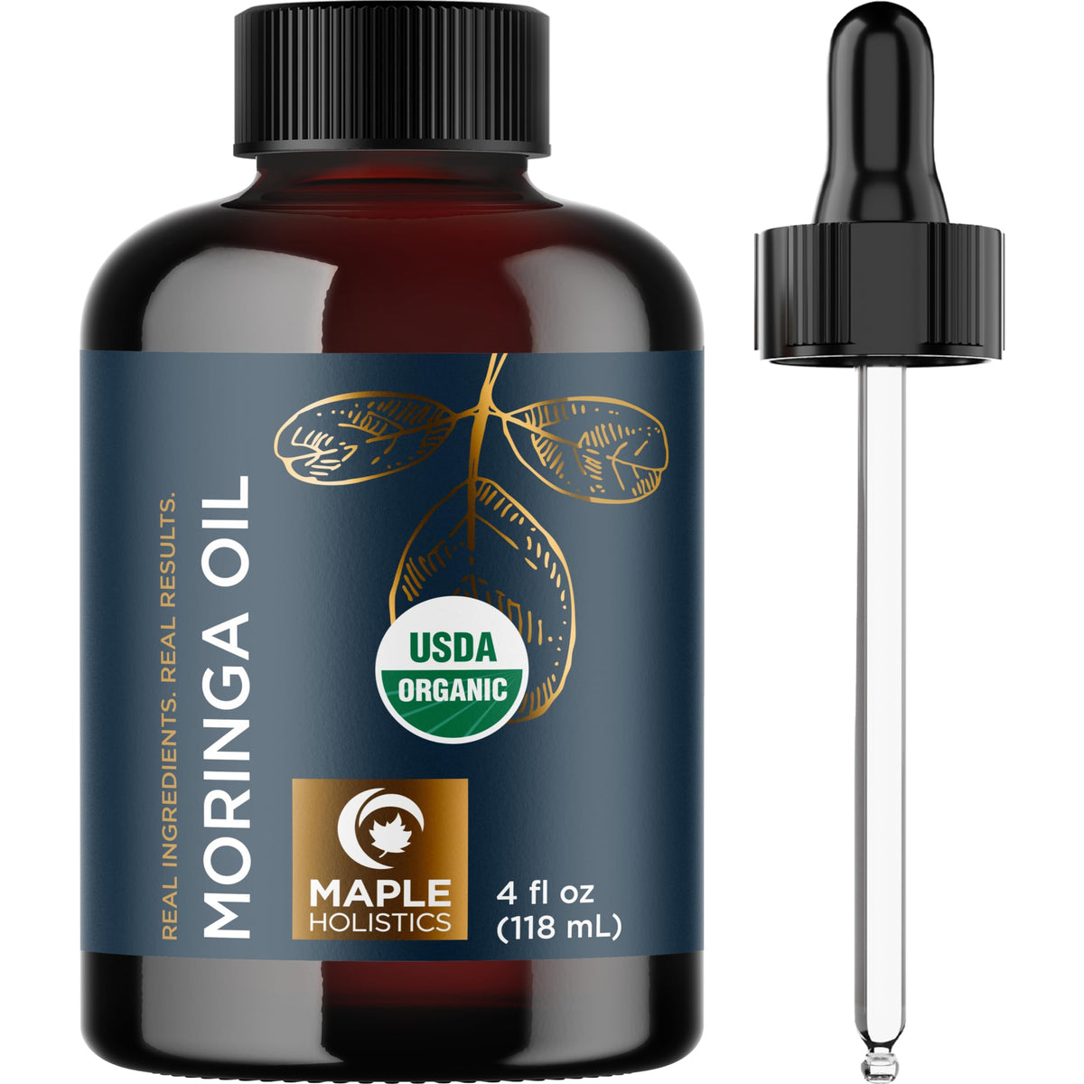 Maple Holistics Moringa oil bottle front showing organic purity for hair and skin