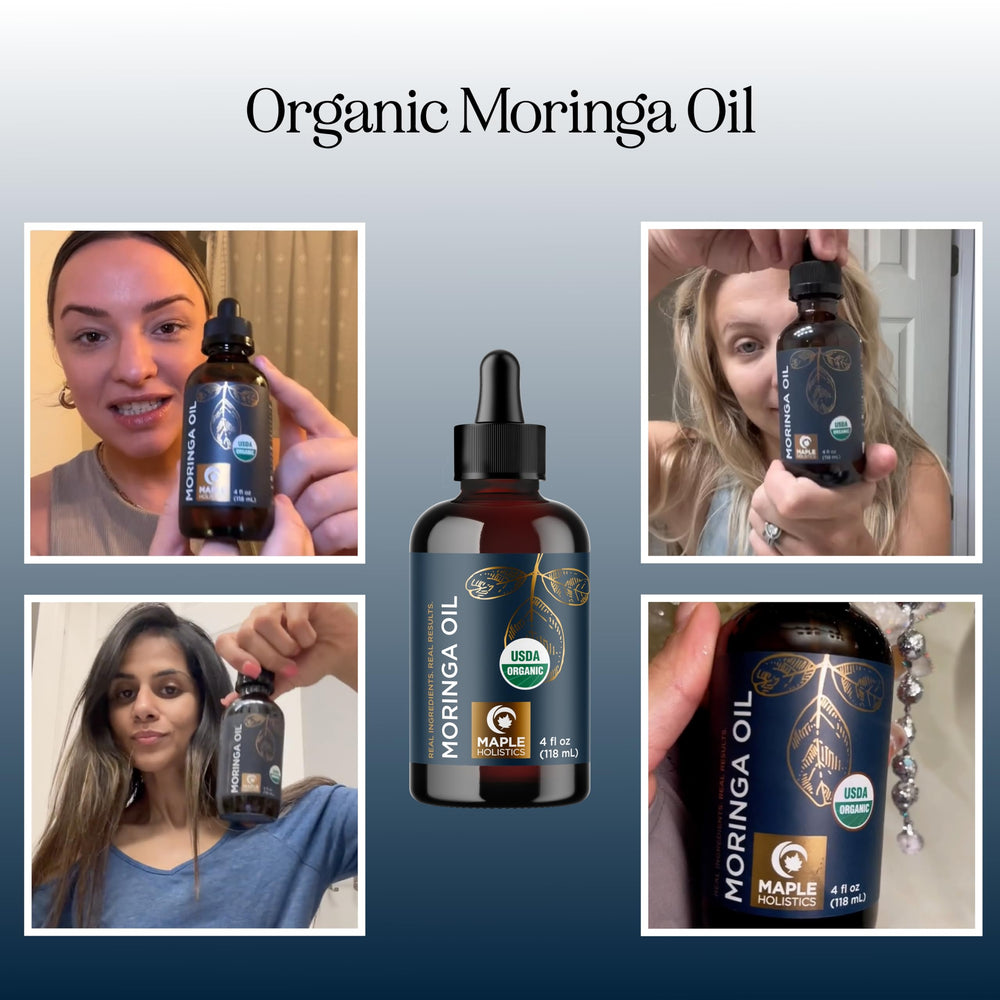 Maple Holistics Moringa oil label closeup with USDA Organic certification