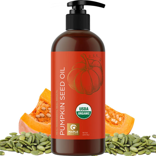 Maple Holistics pumpkin seed oil bottle for hair hydration.