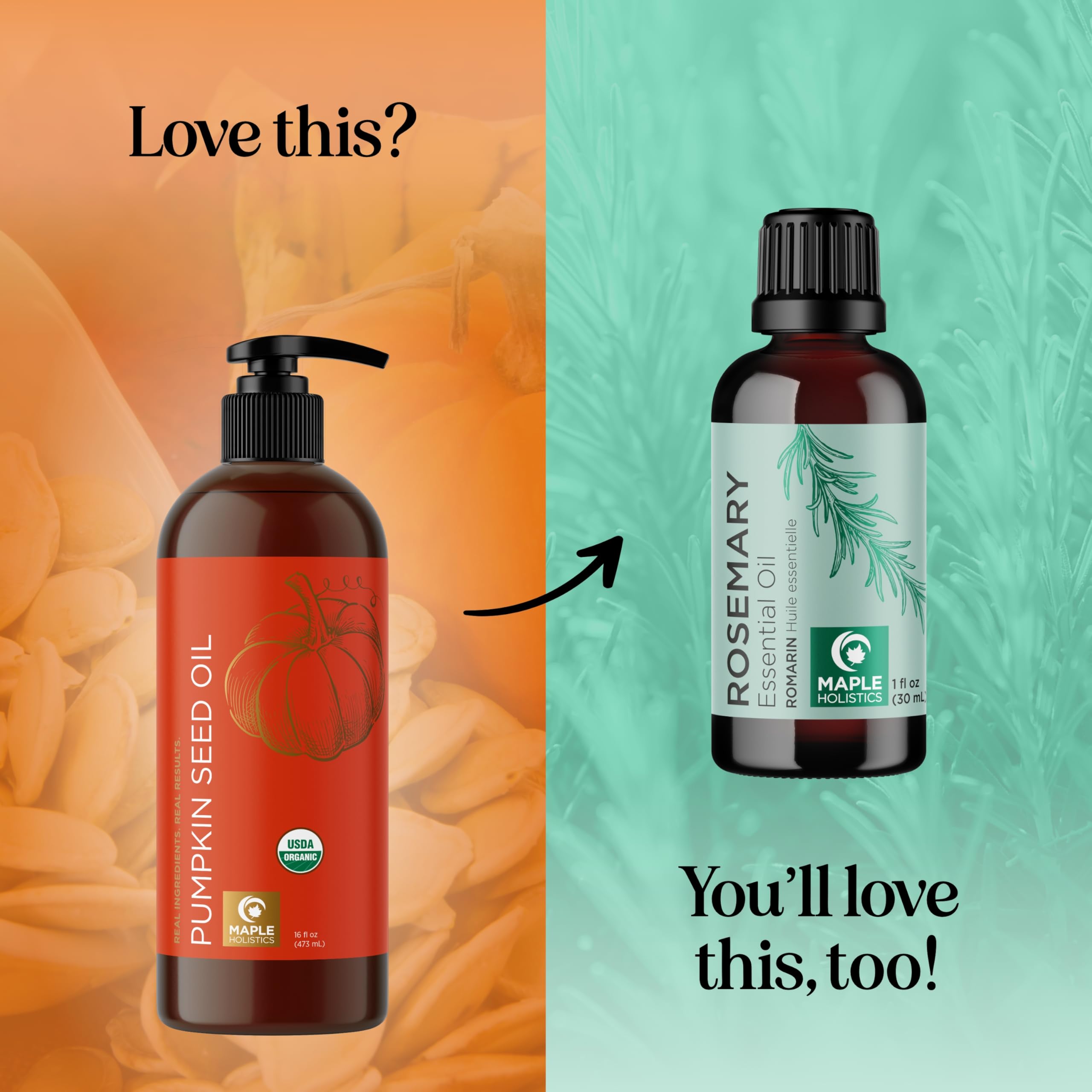 Maple Holistics virgin cold-pressed pumpkin seed oil bottle, unrefined quality.