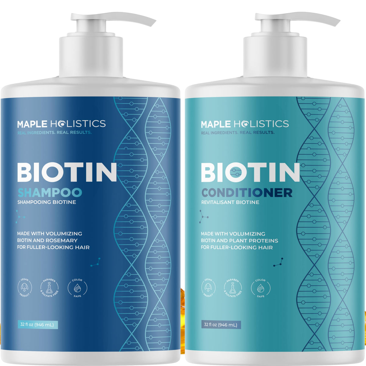 Maple Holistics Rosemary Biotin Shampoo bottle highlighting color-safe, volumizing care.