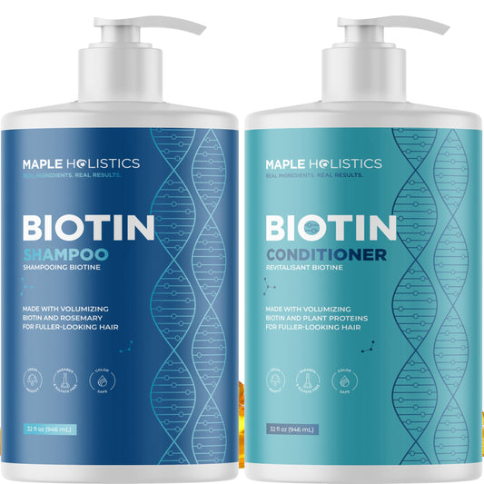 Maple Holistics Rosemary Biotin Shampoo bottle highlighting color-safe, volumizing care.