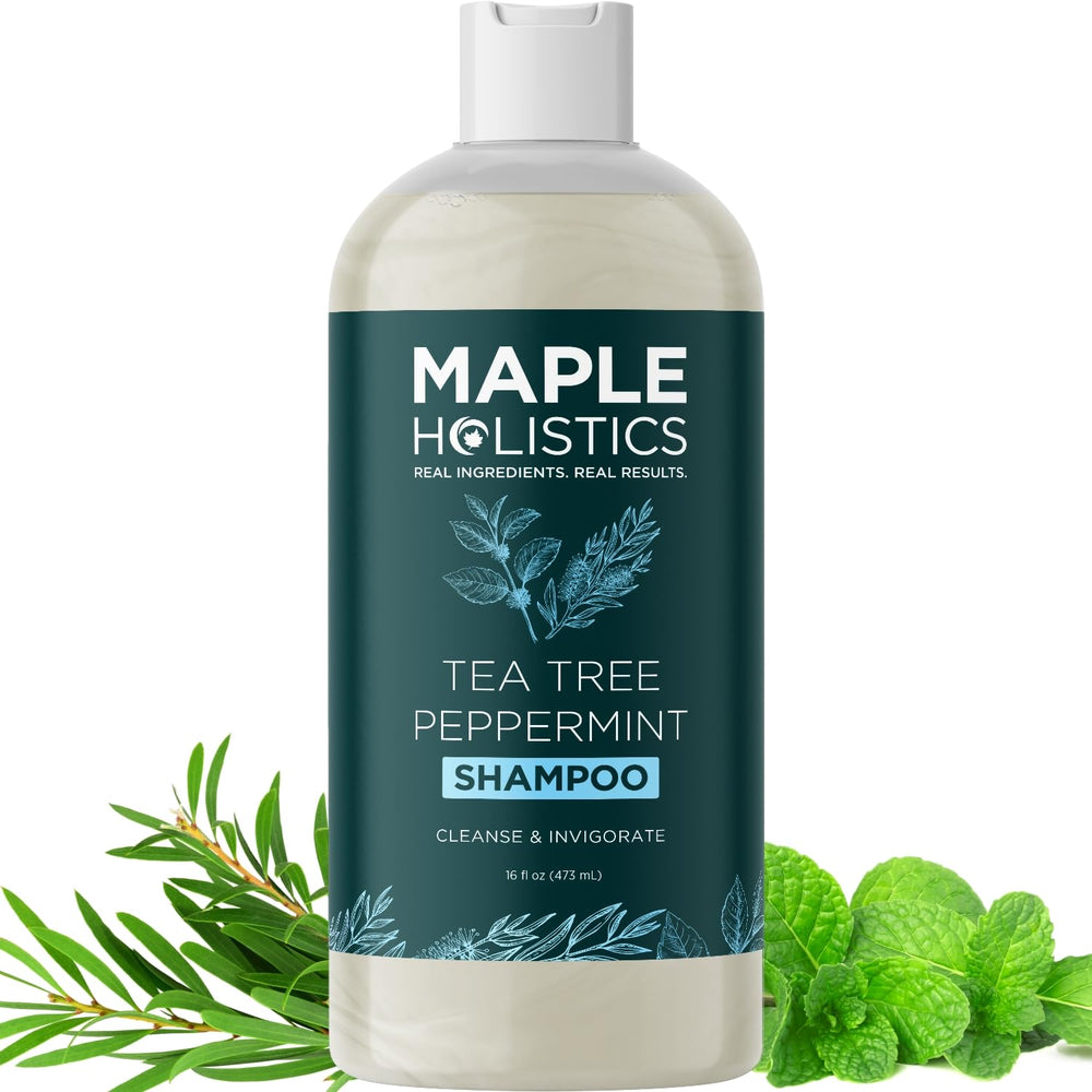 Maple Holistics Rosemary Tea Tree Mint Shampoo bottle refreshing cleanse for dry scalp balance.