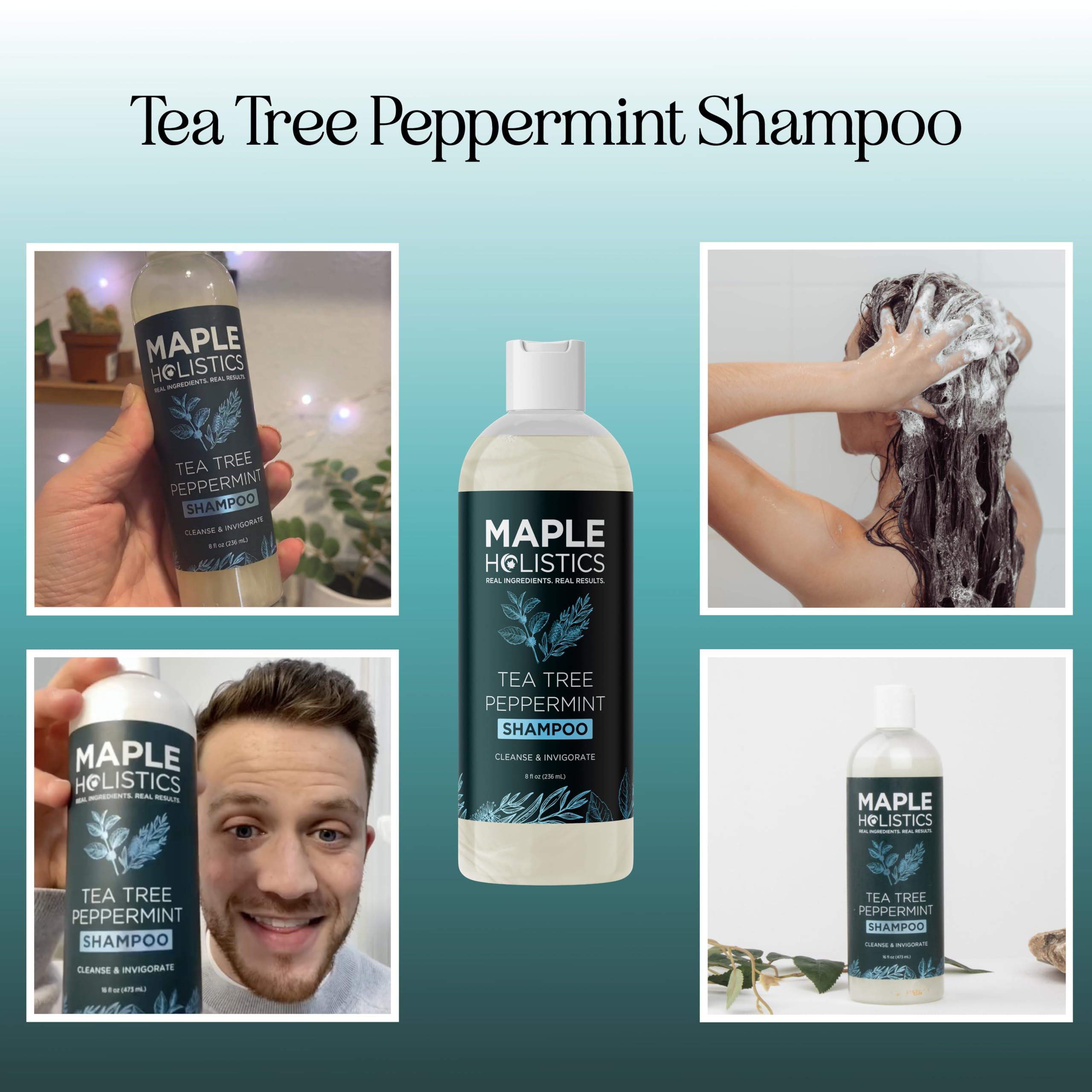 Maple Holistics rosemary tea tree mint shampoo for dry scalp relief.