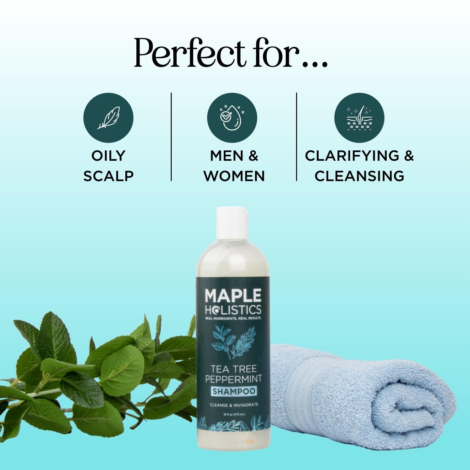 Maple Holistics Rosemary Tea Tree Mint Shampoo label showcases pure essential oils for scalp care.