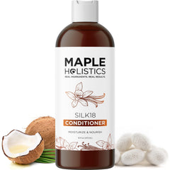 Maple Holistics Silk Protein Conditioner bottle demonstrates rich hydration for damaged hair