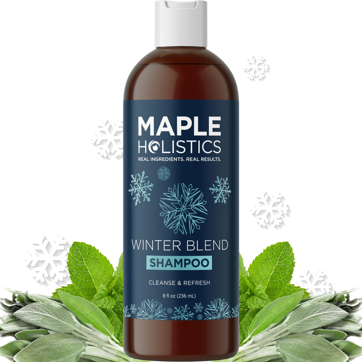 Maple Holistics sulfate-free hard water shampoo bottle promotes mineral buildup removal.