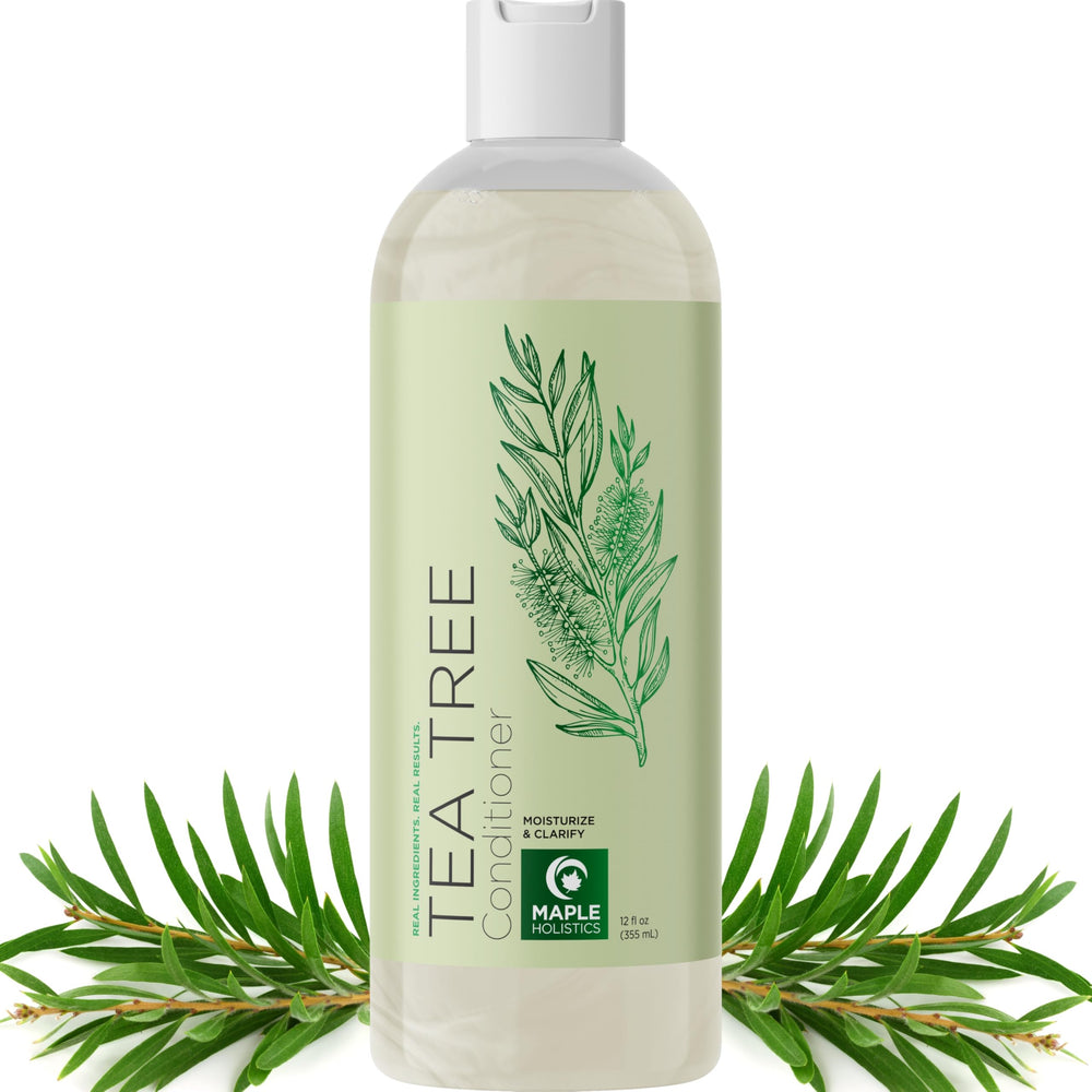 Maple Holistics Tea Tree Conditioner bottle highlights nourishing formula for dry hair