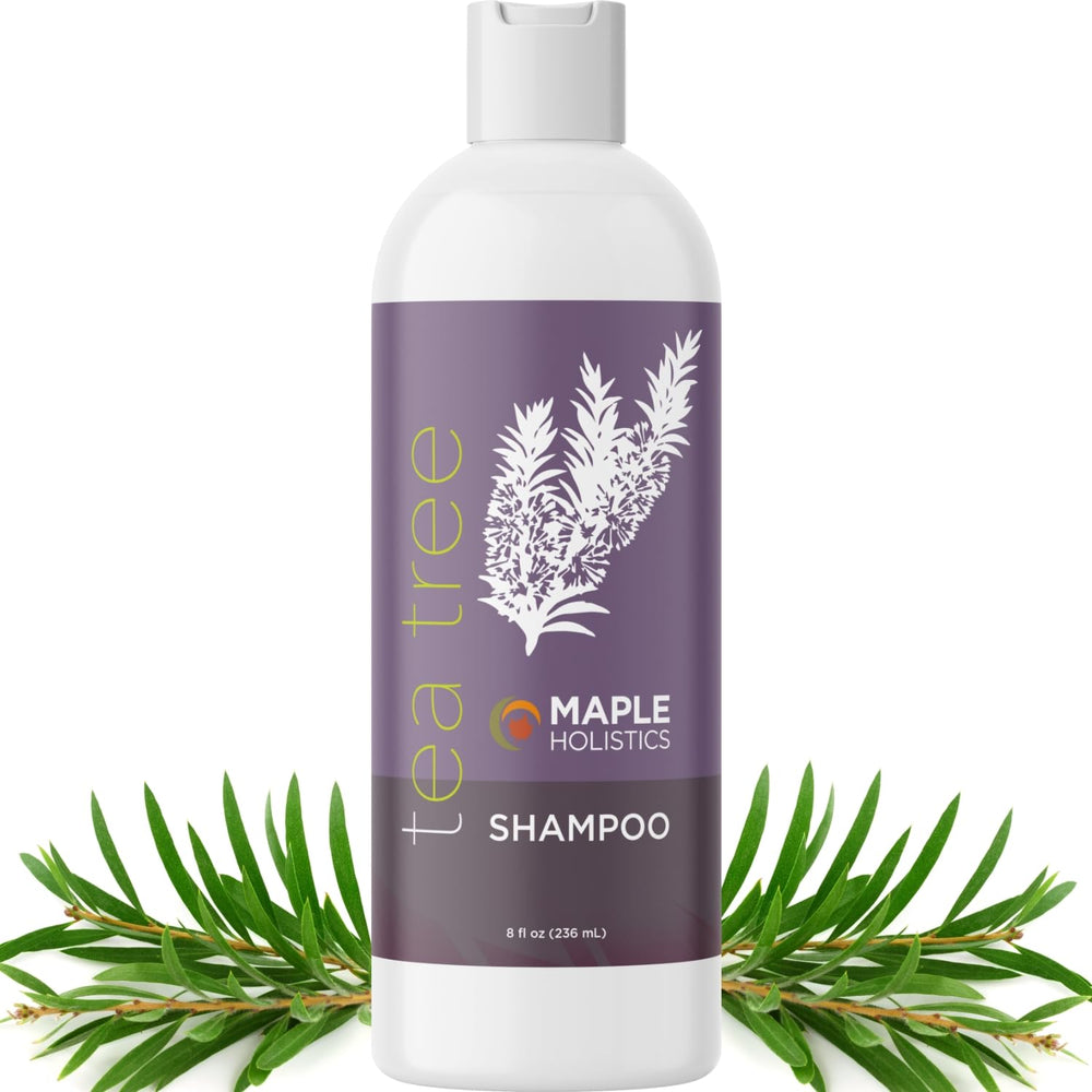 Maple Holistics Tea Tree Shampoo bottle highlights a clarifying formula for oily hair.