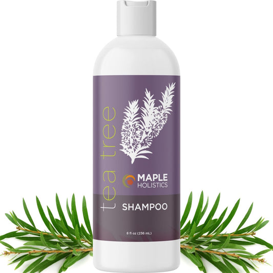 Maple Holistics Tea Tree Shampoo bottle highlights a clarifying formula for oily hair.