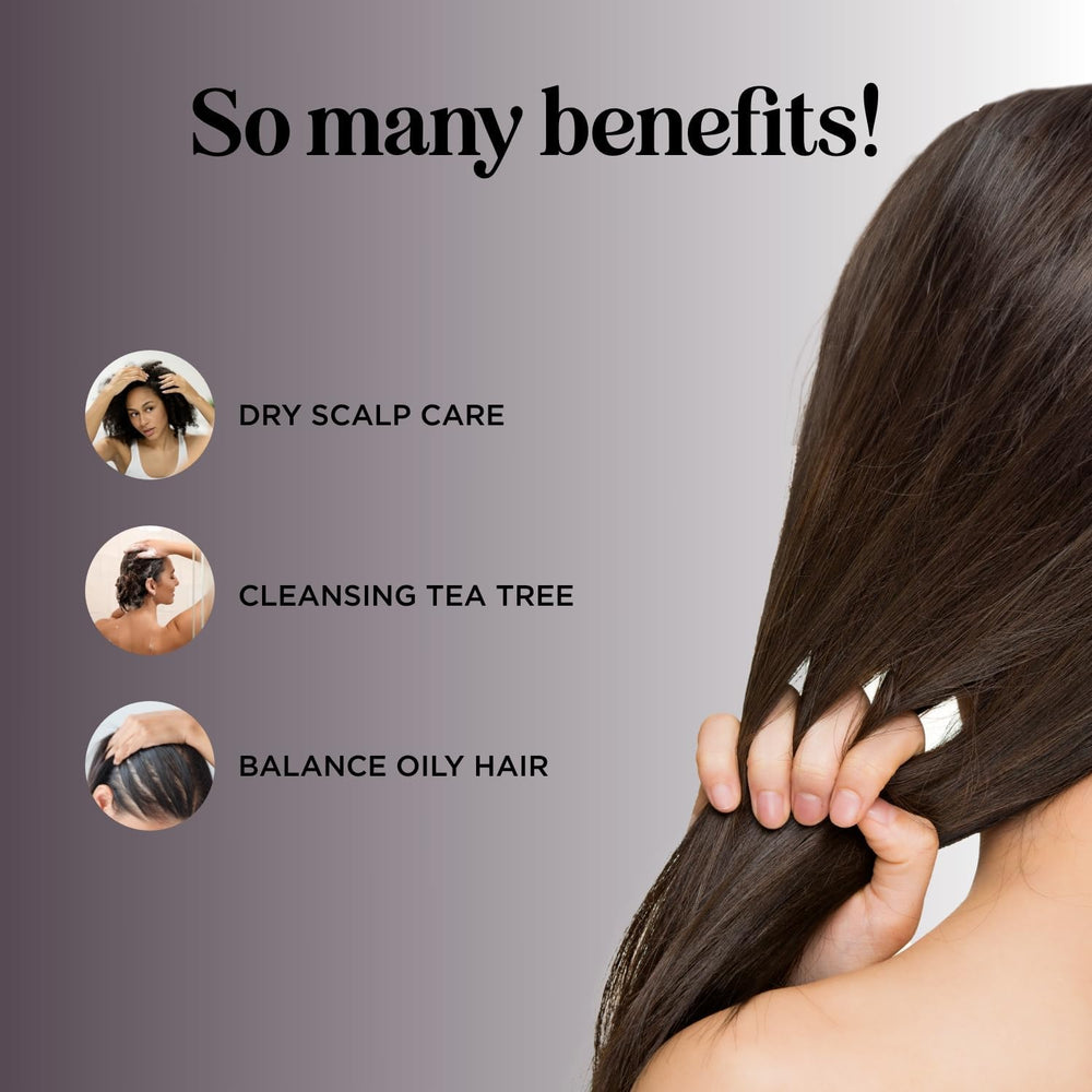 Maple Holistics Tea Tree Shampoo label emphasizes sulfate-free ingredients for a gentle cleanse on sensitive scalps.