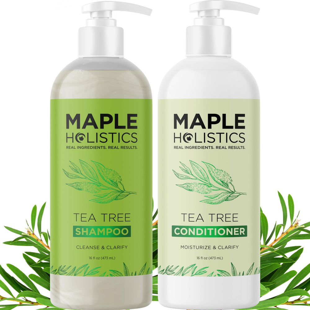Maple Holistics Tea Tree Shampoo Set bottle refreshed on the sink for everyday use