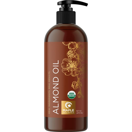 Maple Holistics almond oil bottle for hydrating skin and nourishing hair care