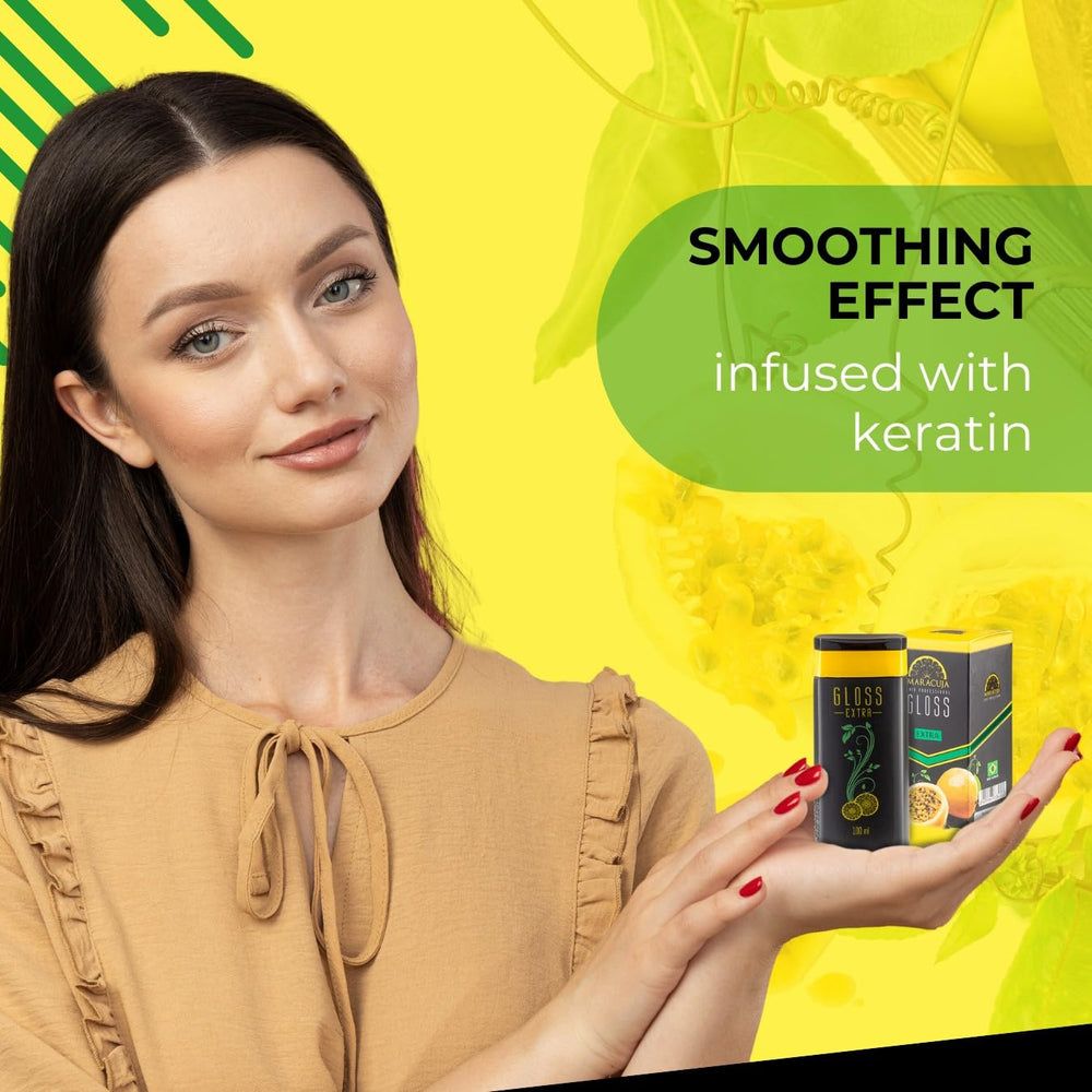 MARACUJA Maracuja Extra Gloss before-after montage shows smoother, shinier hair results.