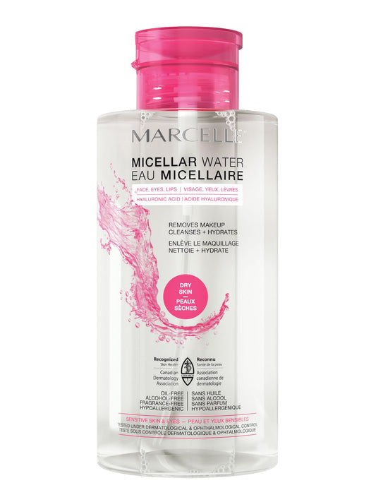 Marcelle Micellar Water bottle pump showing easy, no-rinse makeup removal