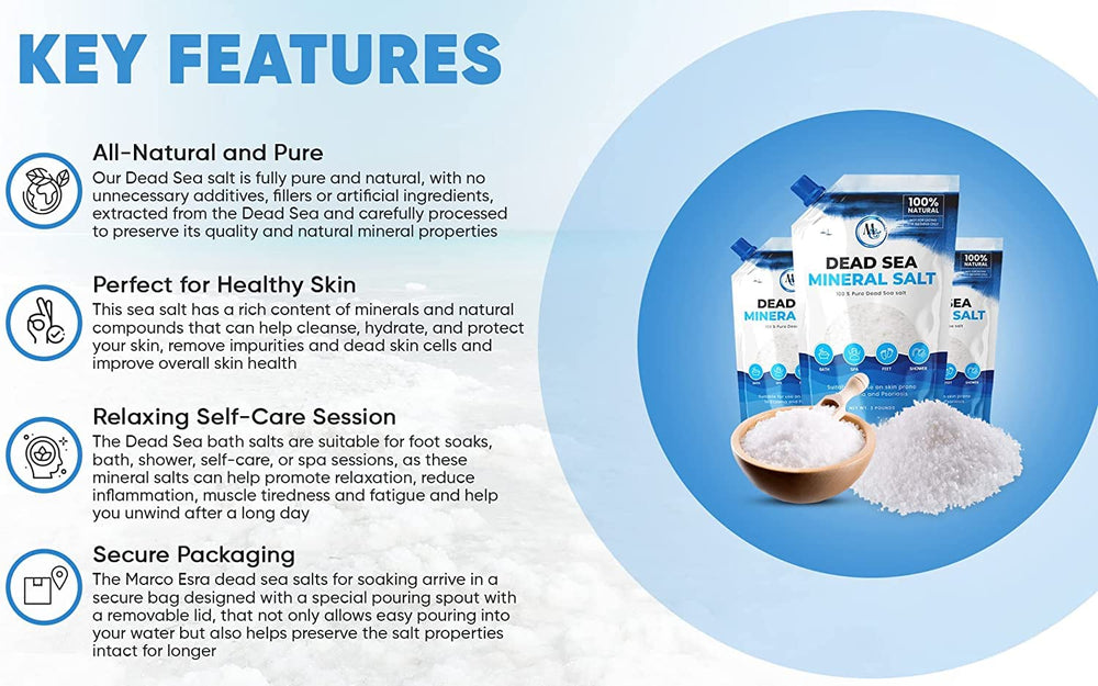 Marco Esra Dead Sea Salt foot soak soothes tired feet and softens skin.