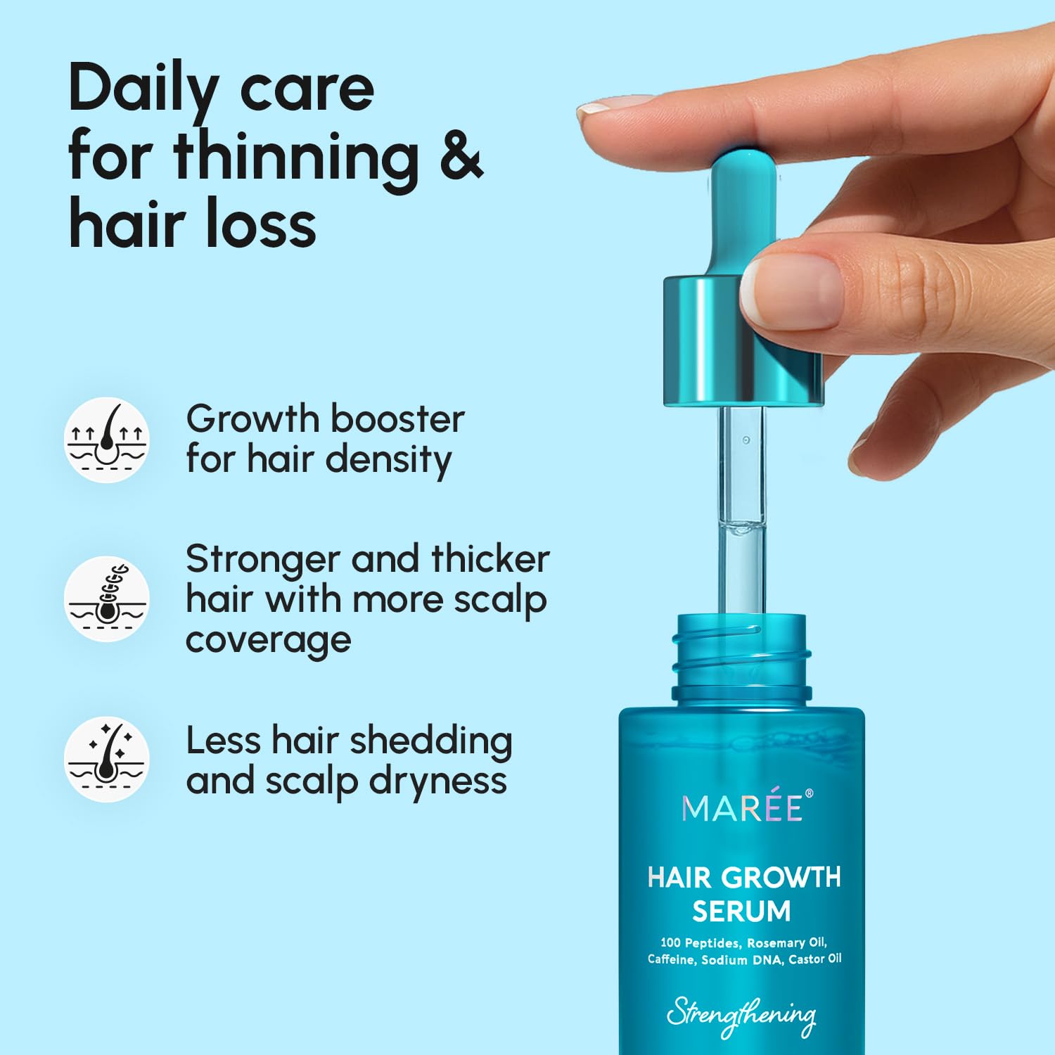 MAREE dropper closeup highlights precise scalp application.