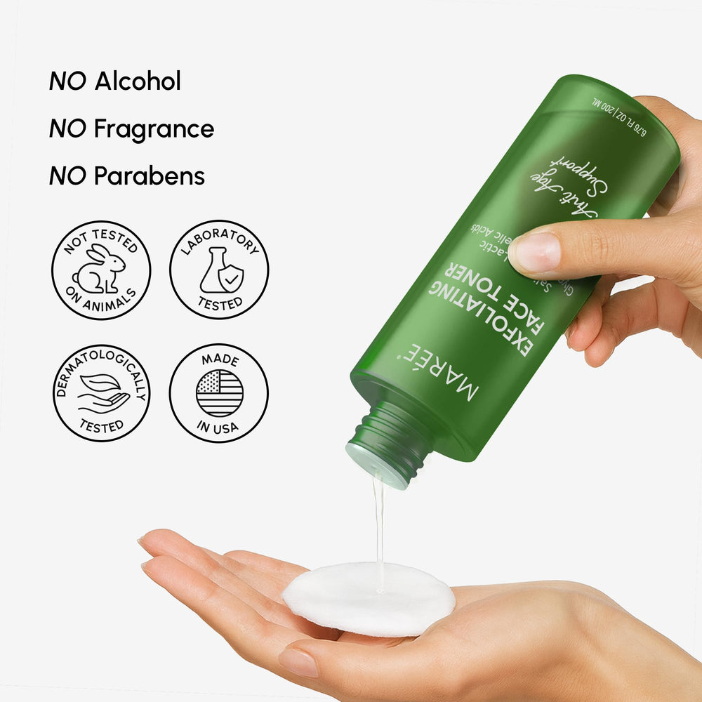 MAREE Exfoliating Toner bottle cap closeup emphasizes secure, travel-ready packaging.