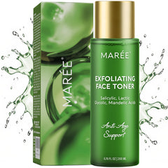 MAREE Exfoliating Toner bottle pour shows a lightweight formula for daily exfoliation.