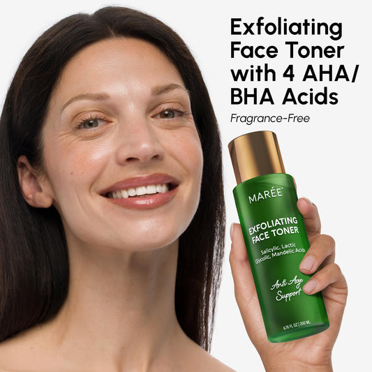 MAREE Exfoliating Toner front view highlights sleek packaging and quick absorption.
