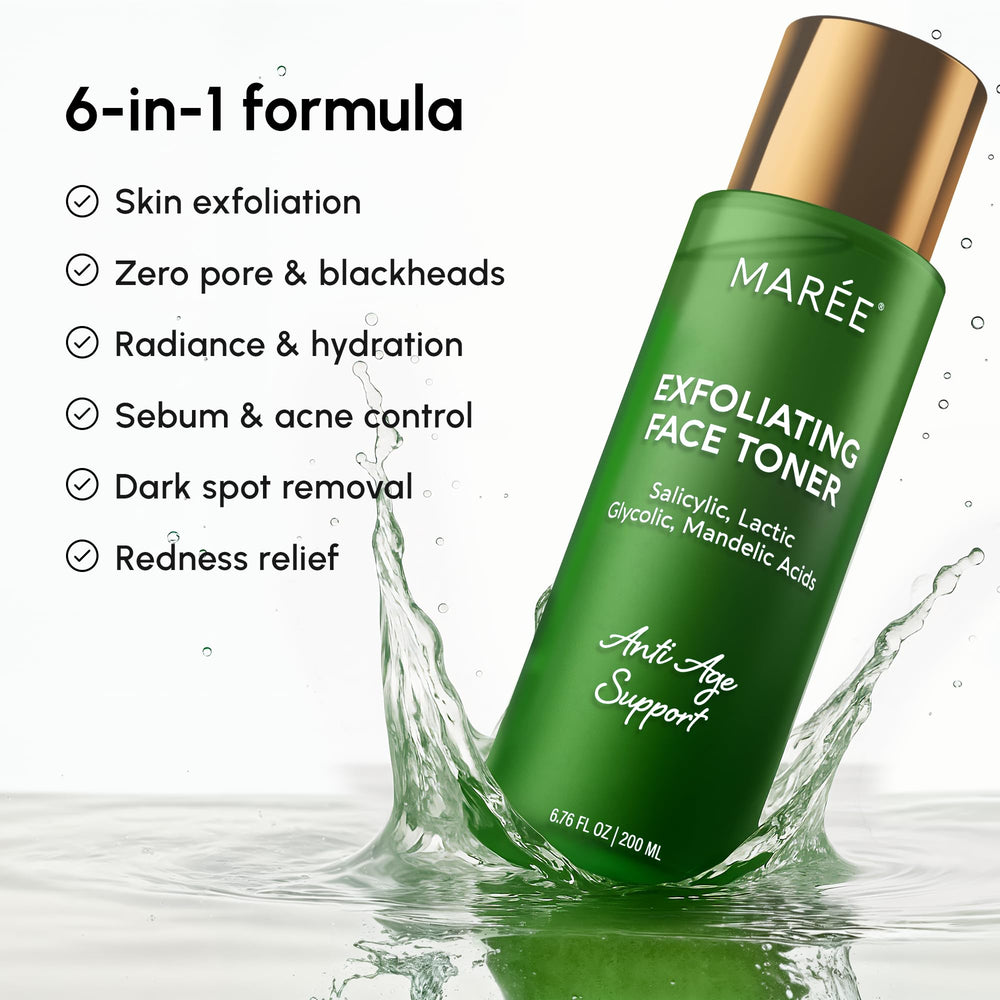 MAREE Exfoliating Toner liquid closeup reveals clear, smooth texture for refined pores.