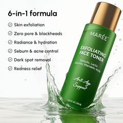 MAREE Exfoliating Toner liquid closeup reveals clear, smooth texture for refined pores.