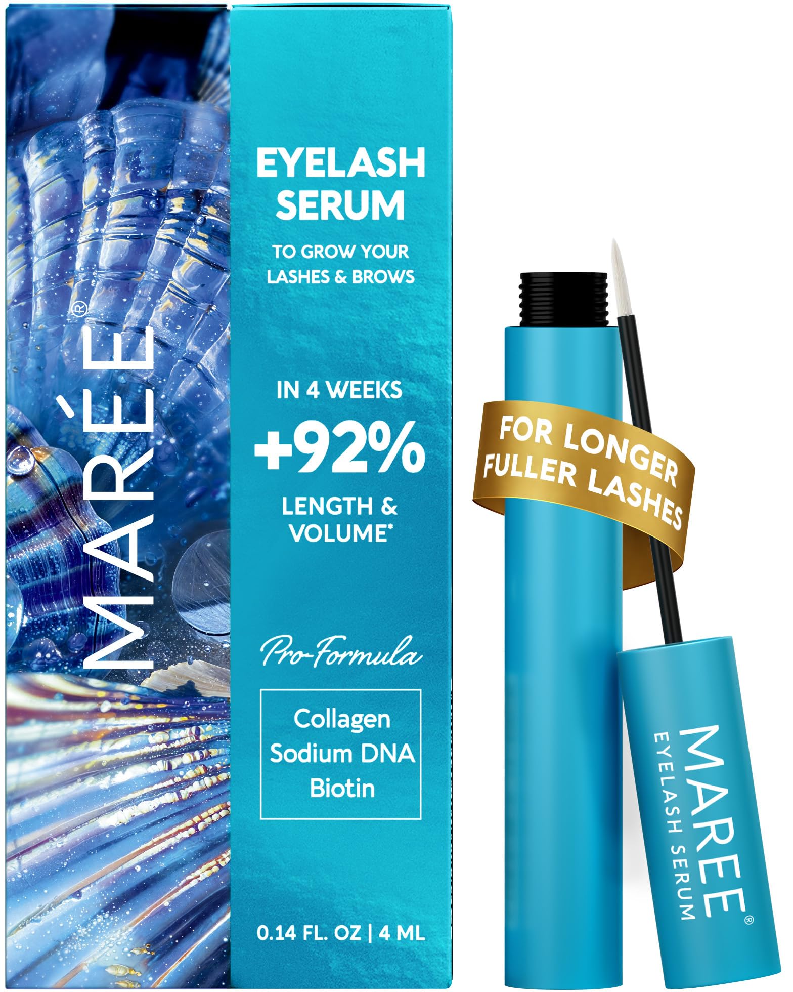 MAREE eyelash serum bottle shows compact design for at-home lash and brow care.