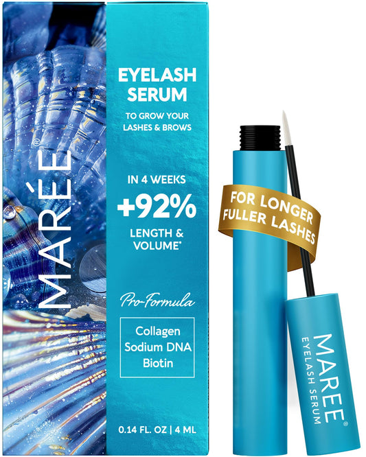 MAREE eyelash serum bottle shows compact design for at-home lash and brow care.