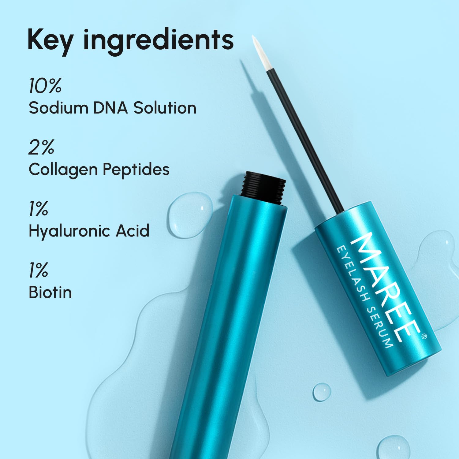 MAREE eyelash serum packaging highlights premium, fragrance-free growth formula.