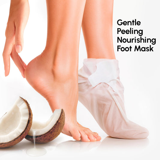 MAREE Foot Peeling Mask on feet demonstrates at-home foot renewal.