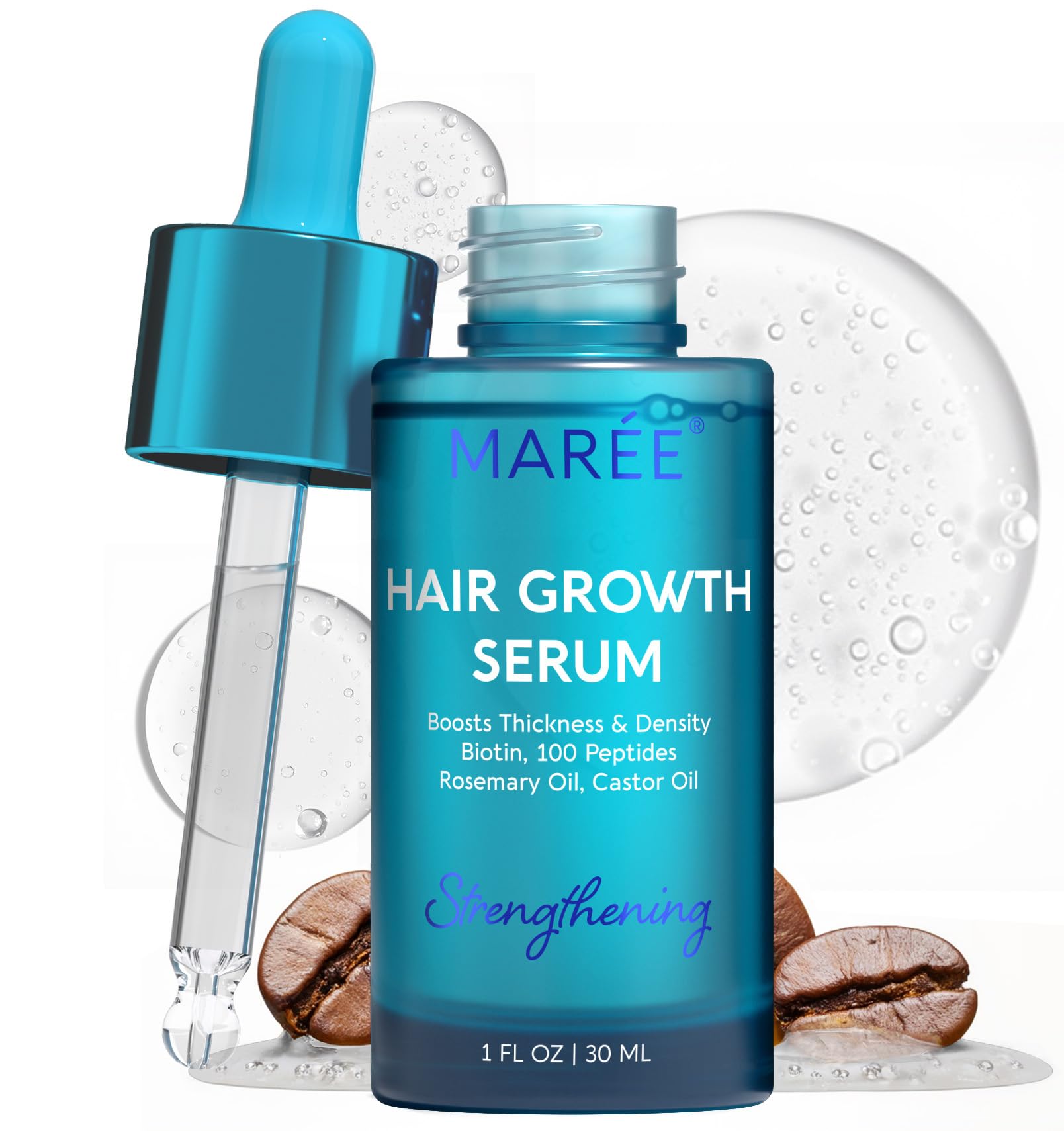 MAREE Hair Growth Serum bottle shows nourishing scalp care.