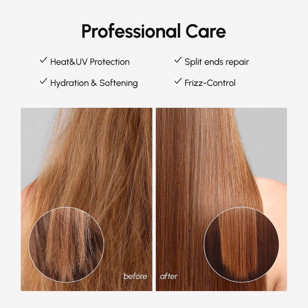MAREE Hair Serum bottle and fingers show frizz control for sleek styling