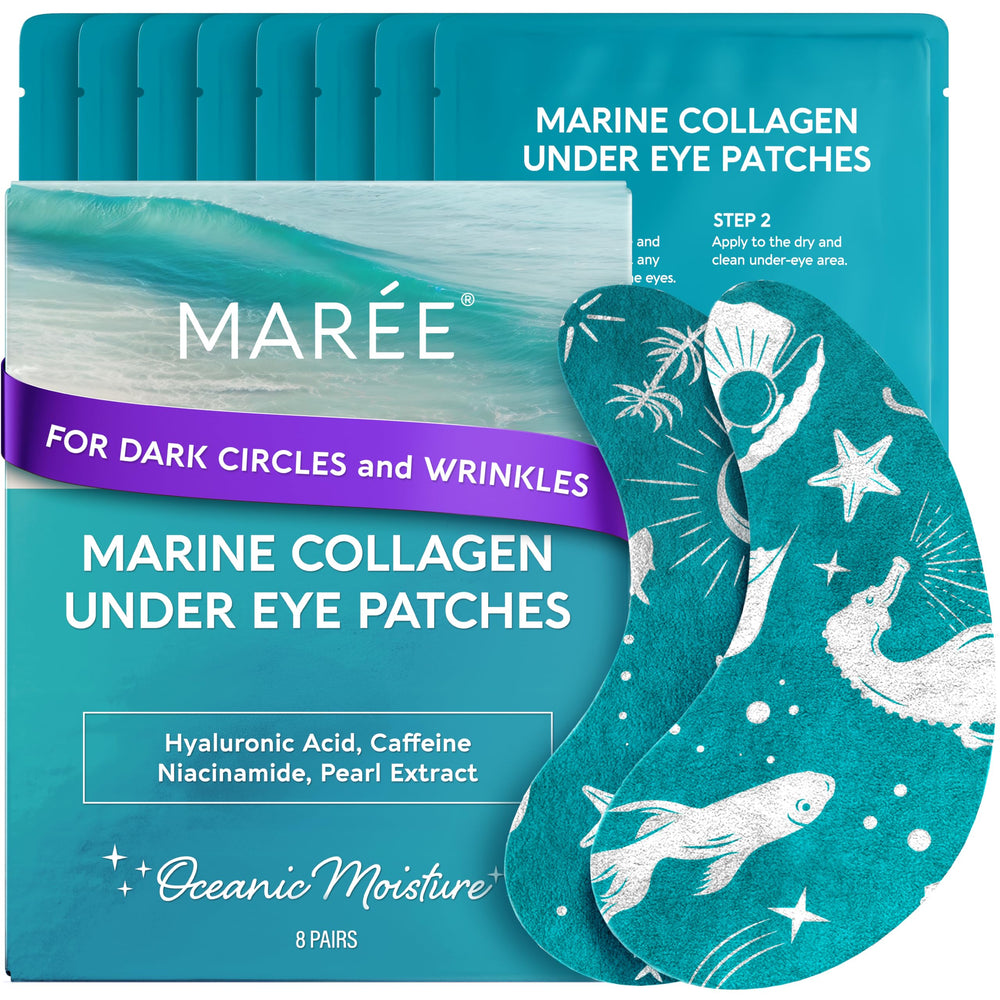 MAREE hydrating under-eye patches with caffeine and collagen for refreshed, smoother under-eye skin.